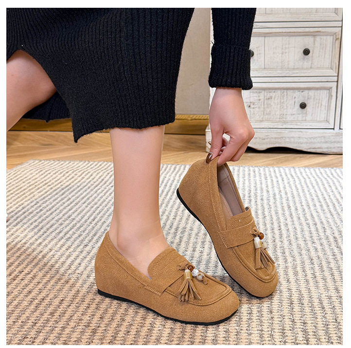 Giày boken nữ đế mềm tăng chiều cao trong, mũi tròn có khóa tua rua, form rộng size lớn — Khaki (toàn dải), Màu mơ (toàn dải), nâu sẫm chi tiết 28