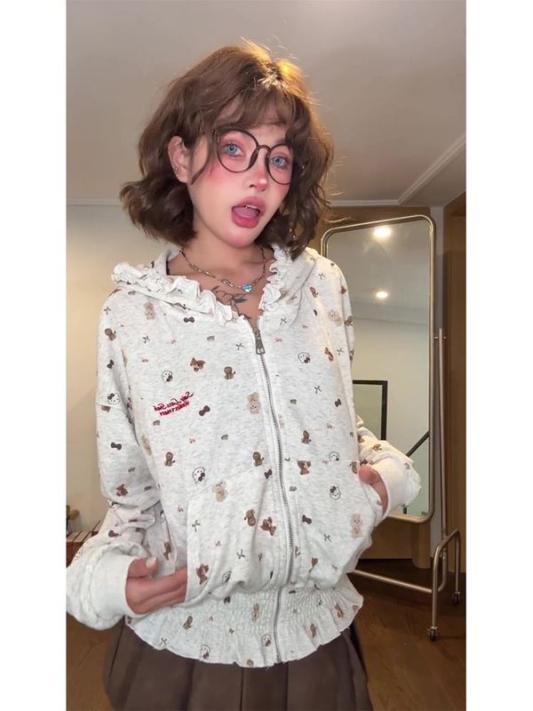 美式复古满印褶皱连帽卫衣女早秋新款慵懒风宽松开衫外套长袖上衣|undefined