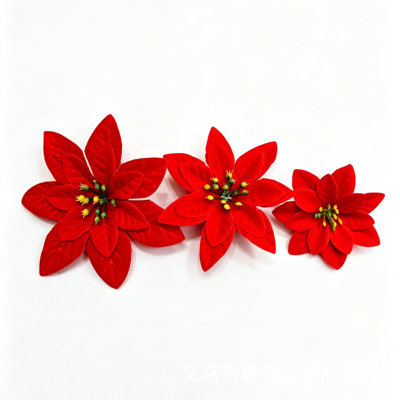 Artificial Poinsettia Christmas Flower Head Christmas Decoration Flower DIY Holiday Decoration Accessory Red Velvet Christmas Flower