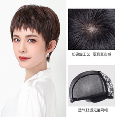 Fully hand-woven real hair wig full headset manufacturer wholesale fashion natural age-reducing female short hair dog chewing bangs wig set