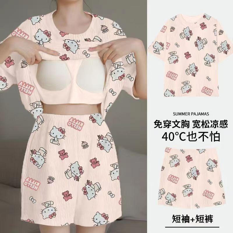 Pijamas al por mayor transfronterizos para mujer verano con almohadilla fija para el pecho casual de dibujos animados lindos pantalones cortos de manga corta ropa a domicilio de dos piezas
