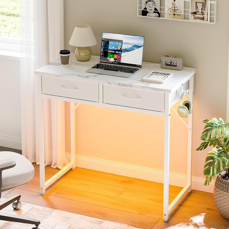 Small Desk with Two Fabric Storage Drawers Makeup Table with Led Lights Suitable for Bedroom Small Spaces