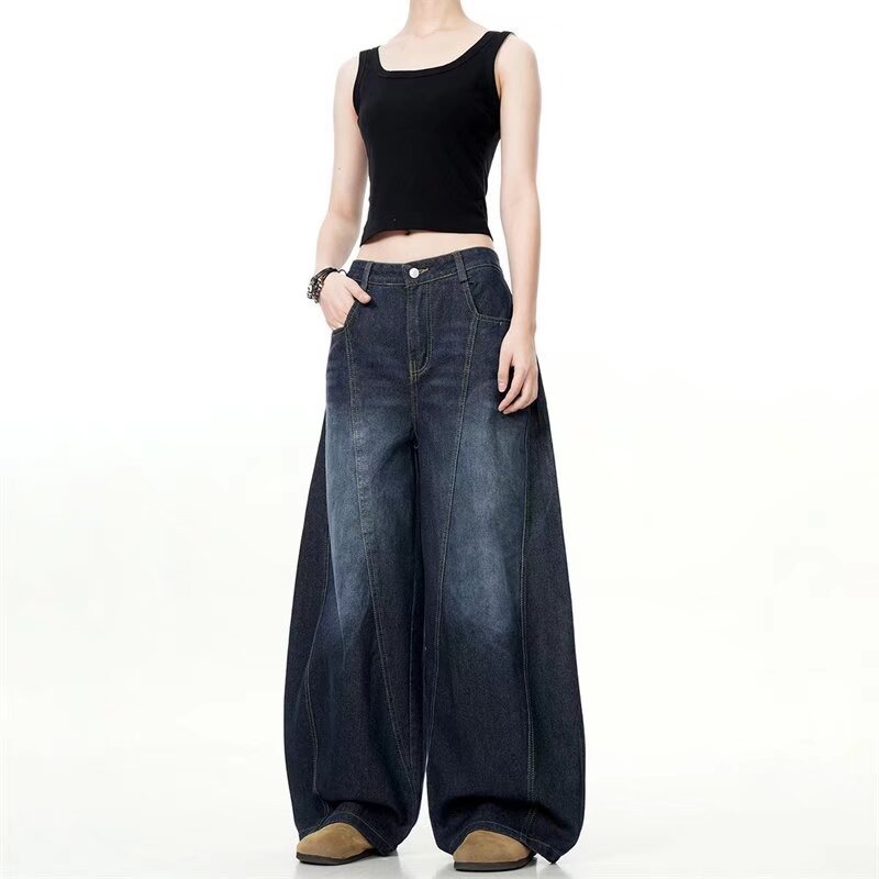 Azul oscuro lavado con agua jeans de piernas anchas europeas y americanas hiphop pantalones de calles fritas de alta calidad pantalones de macheta rectos sueltos para hombres