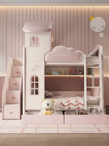 Children's bed, double-layer twin bed with same width for boys and girls, princess castle style, suitable for small households, low and high platform bed