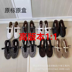 AL2025早春新款一字扣芭蕾舞鞋满钻平底镂空复古玛丽珍单鞋渔网鞋