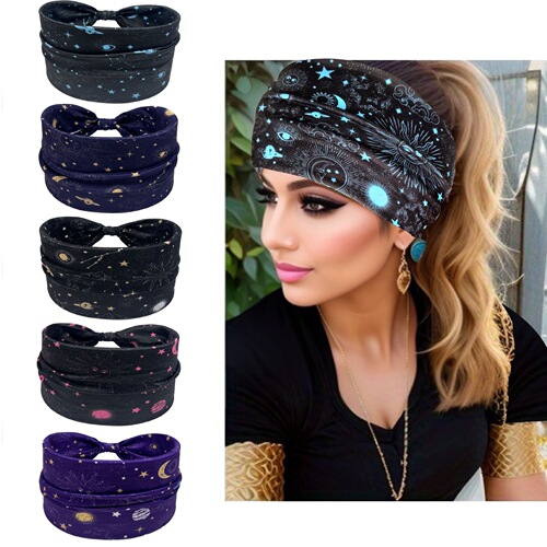 Wide Edge Knotted Headband with Ethnic Style Anti-Slip Hair Ties for Ladies and Girls, Star and Moon Pattern Ribbons