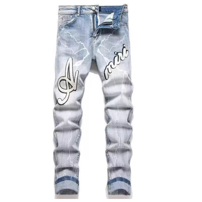 Foreign Trade Splicing Embroider Retro Am Slim Fit Pants Men's Pants Ripped Patch Jeans Men's Ins