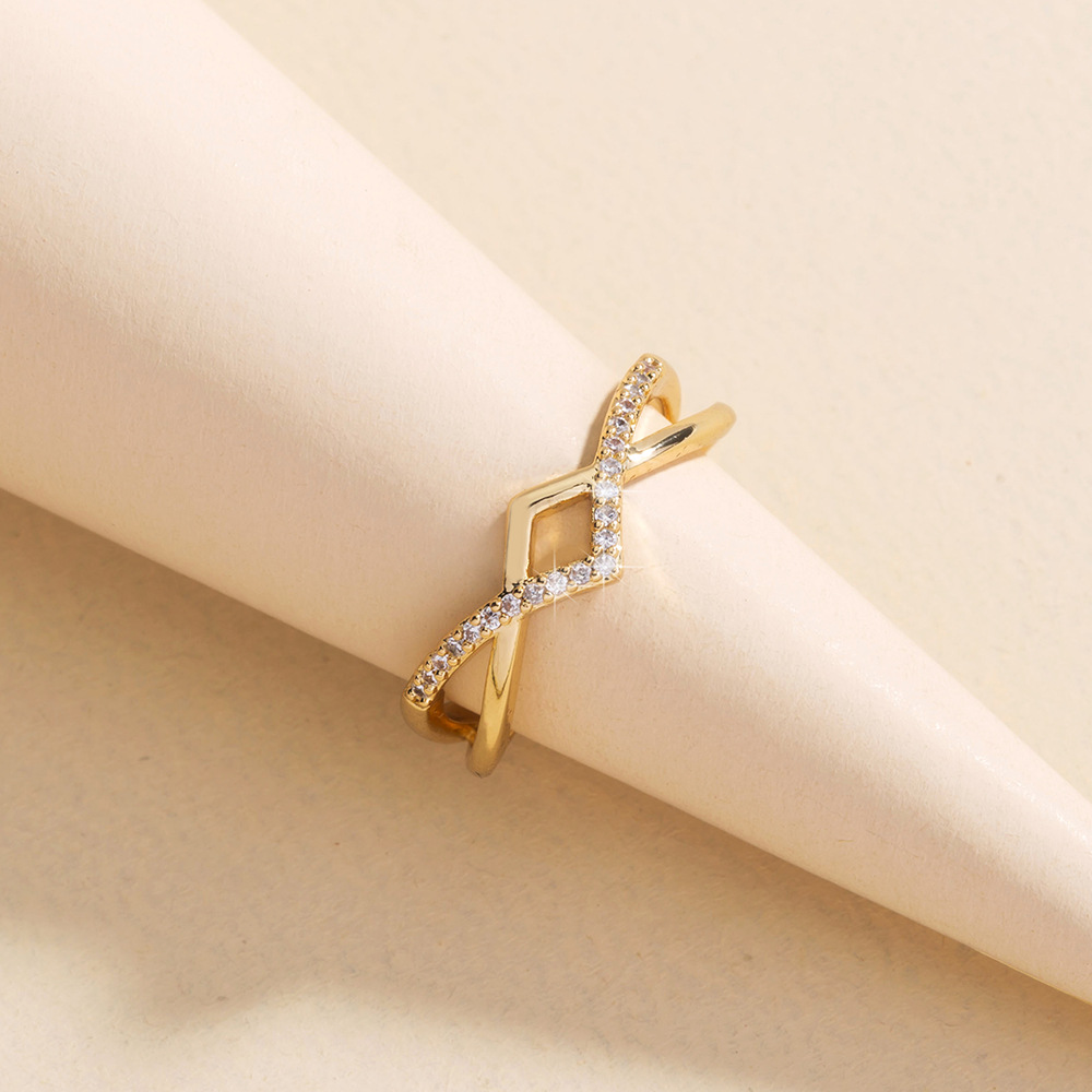 Simple Golden Cross Zircon Copper Opening Geometric Ring Female display picture 1