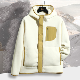 2024 New fleece-lined Thickened Fleece Lovers Jacket Patchwork Pocket Fashion All-match Loose Warm Hood