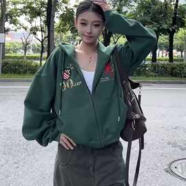 纯棉美式复古设计感字母刺绣印花连帽卫衣男女重磅宽松百搭帽衫