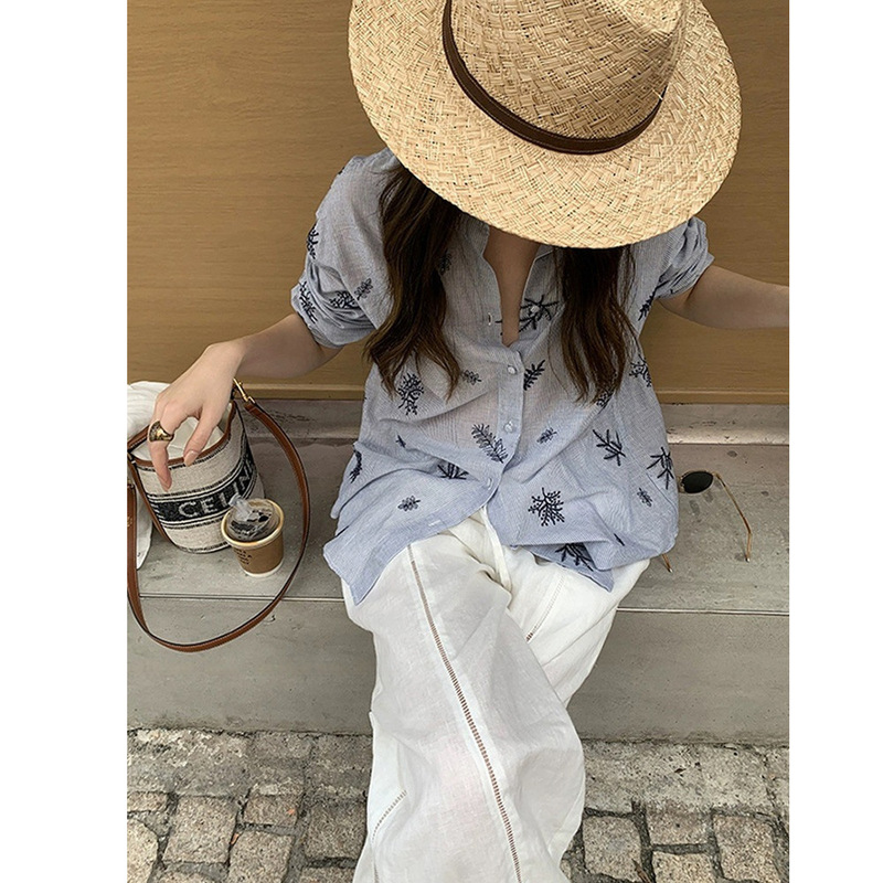 Four Ladies Embroidered Linen-Feel Pure Cotton Blue Striped Shirt for Women with Turn-Down Collar, Casual Loose-Fit Base Shirt 1245 Four Ladies Embroidered Linen-Feel Pure Cotton Blue Striped Shirt for Women with Turn-Down Collar, Casual Loose-Fit Base Shirt 1245