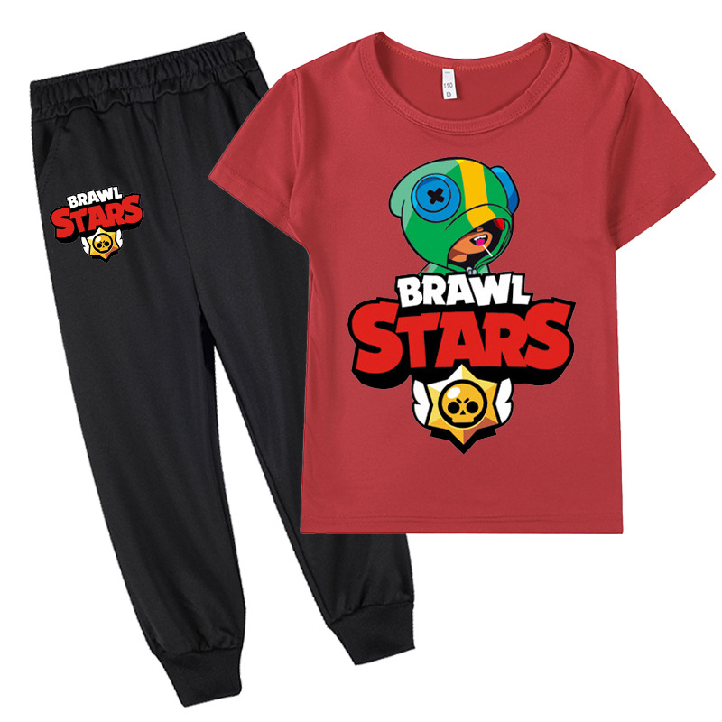 跨境外貿熱銷新品Brawl Star兒童卡通男女童短袖T恤休閒長褲套裝