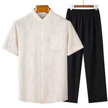 中国风棉麻男士唐装男短袖套装中老年人夏季爸爸衬衫爷爷薄款夏装
