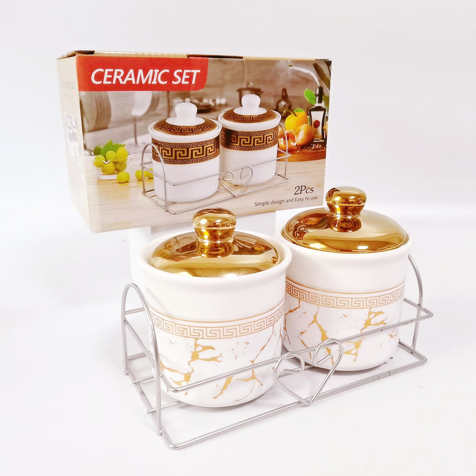Exportación transfronteriza 2-pack cerámica chapado en oro condimento tarro con estante de hierro cocina condimento botella té tarro Oriente Medio