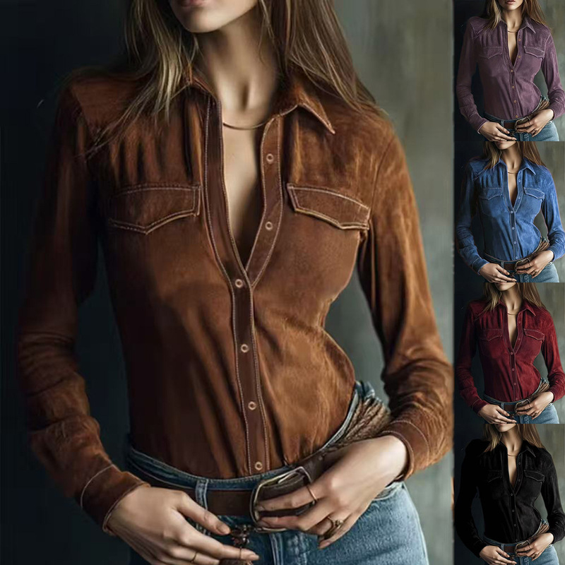 2026 Cross-Border Foreign Trade Spring and Autumn Women's New Style Shirt Independent Platform European and American Long-Sleeve Suede Shirt Women's Shirt