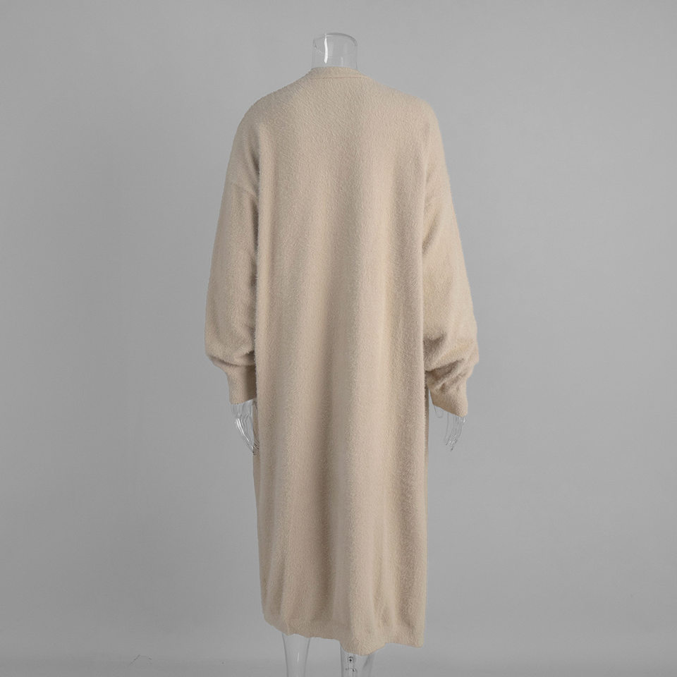 Áo cardigan len lông mềm dáng dài rộng cổ chữ V tay dài — hồng, màu xám, quần kaki chi tiết 18