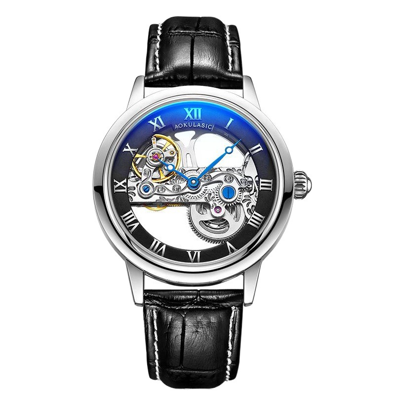 Ogulas AOKULASIC reloj mecánico automático para hombre hollow-out transparent flywheel Belt reloj 5003G