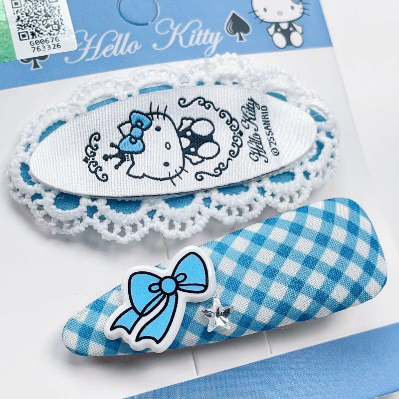 Hello Kitty, настоящий аксессуар для волос, синий зажим для волос, челки, во французском стиле, с вышивкой