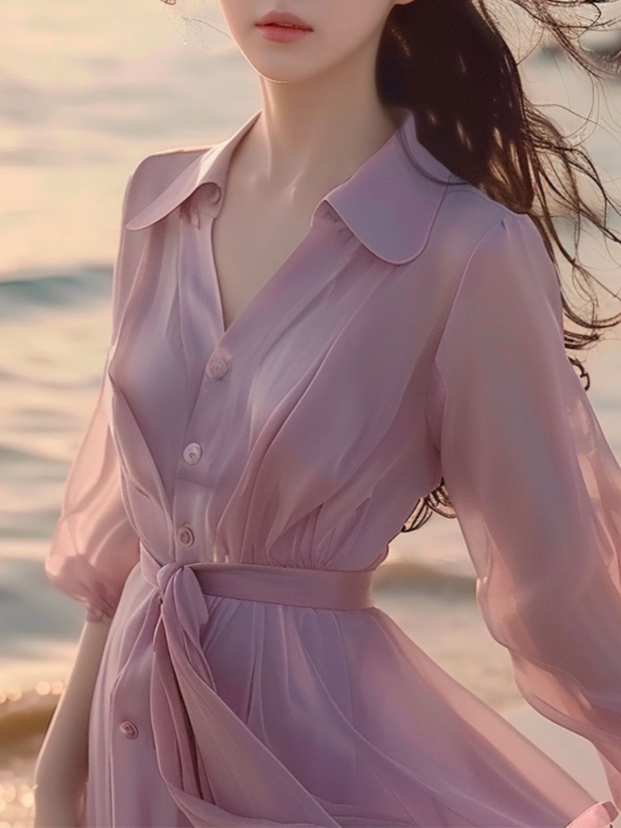 Đầm sơ mi nữ tay ngắn chất voan nhẹ nhàng phong cách đi biển mùa hè — Màu tím chi tiết 4