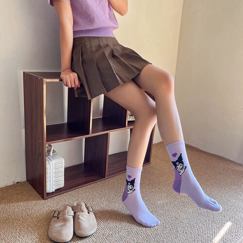 Japanese cartoon socks for women, purple combed cotton mid-calf women’s socks, cute little witch stockings, dropshipping