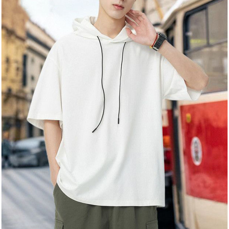 Cross-Border Solid Color Hooded Thin Short-Sleeve Sweatshirt T-Shirt for Men, Summer American Style Trendy Brand, Loose Versatile Sports Cool Feel