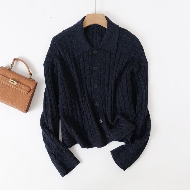 Bm&Md&Za Early Autumn New Women's Commuter Fashion Cable P0L0 Collar Knitted Cardigan