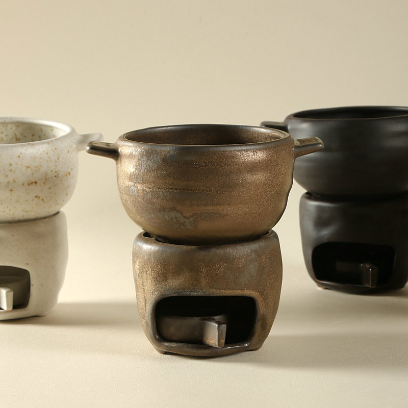 Jiutian Coarse Pottery Double-Eared Bowl, Rustic Style, Single-Serving Mini Hot Pot, High Aesthetic Value, Japanese-Style Constant Temperature Stove, Unique Tableware