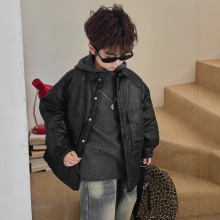 新尔2025冬季新款软PU皮衬衫外套夹棉衬衣棉服男童洋气宽松棉衣潮