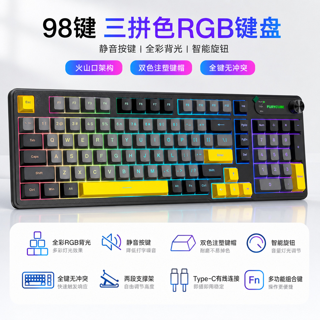 Cross-border 98-key mechanical keyboard for computer gaming, wired keyboard with RGB lighting, silent membrane keyboard