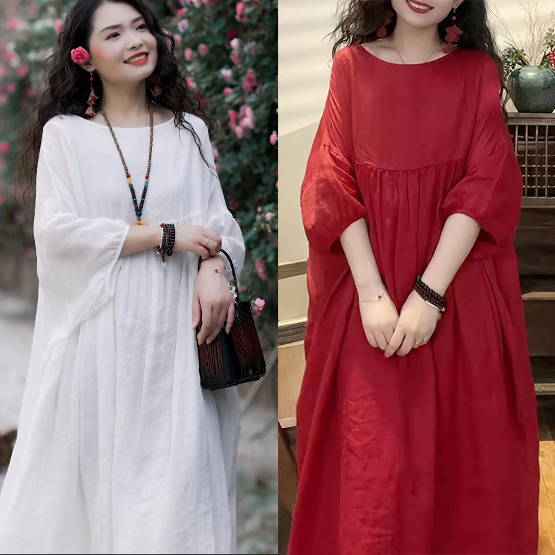 2024 Artistic Retro Solid Color Cotton and Linen dress Women's Large Swing Mori Style Doll Dress Loose Cotton and Linen Long