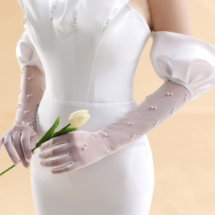 Cuff ruffled full finger gauze pearl white bridal gloves sunscreen long gloves wedding dress hand gauze hand sleeve