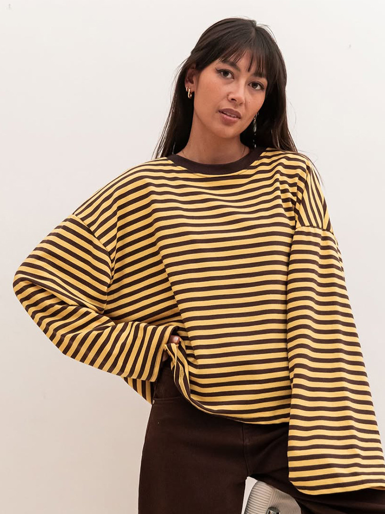 Moda universal relajado cuello redondo de manga larga rayas camiseta de punto 2025 otoño y invierno nuevo estilo europeo y americano transfronterizo