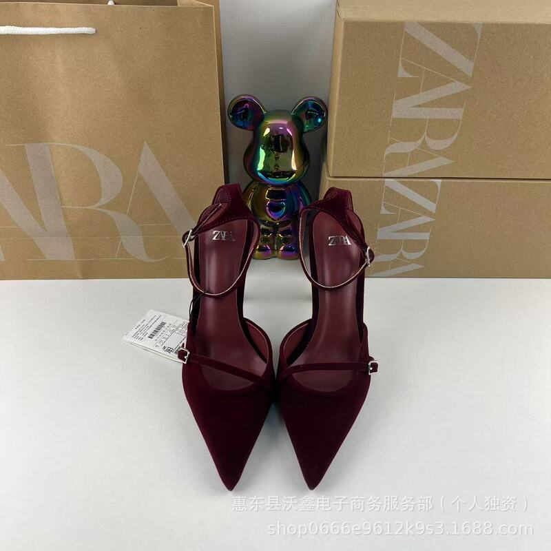 ZA Spring New Women's Shoes Red Velvet Effect Pointed Temperament Thin Heel Muller Shoes T-Buckle Single Shoes