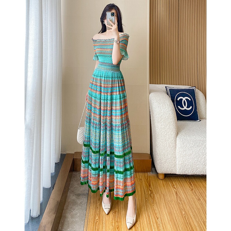 Pure Desire French Style Sexy Off-shoulder Long Dress Summer New Bohemian Holiday Dress Fairy Dress Trendy