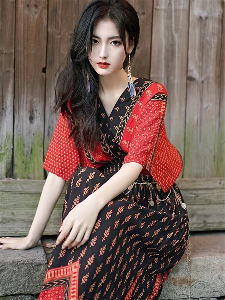 새로운 여름 원피스 이국적인 복고풍 보헤미안 비치 스커트 태국 휴가 긴 원피스 2363