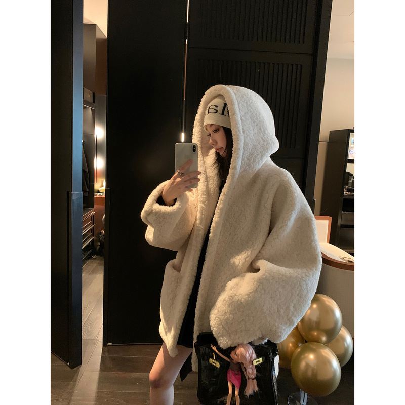 2539 #   【特別オファー！ 】Ouyang ラムウール フード付き厚手のファーワンピースコート|undefined