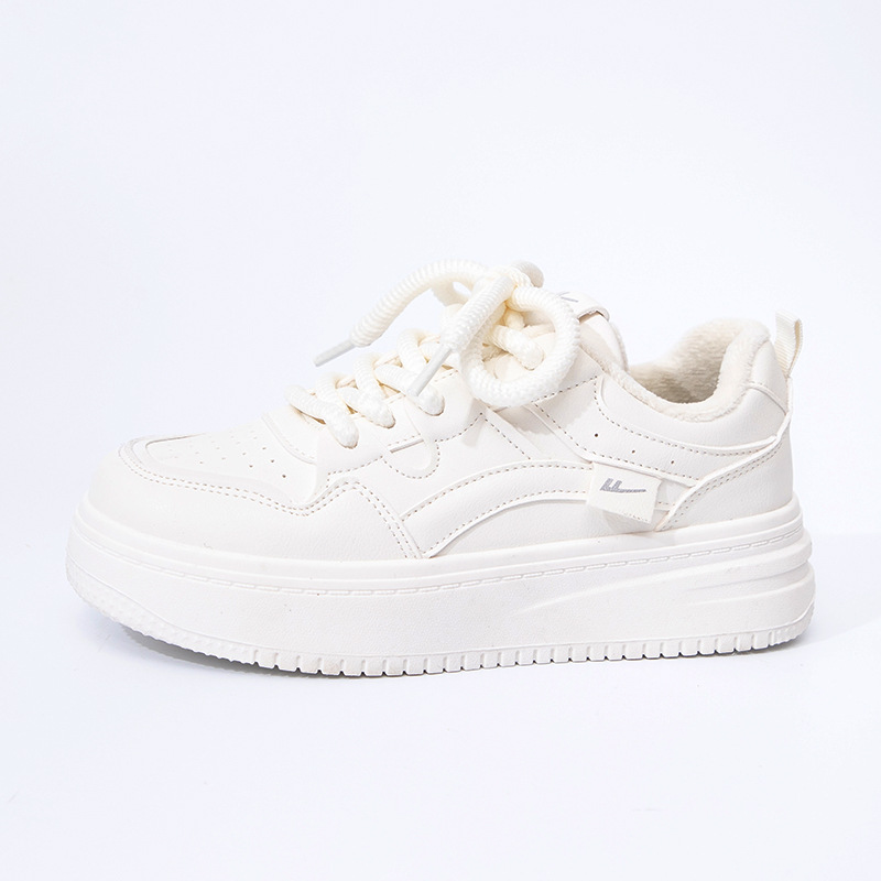 Zapatos cálidos cómodos con cuero de veludo, alto valor de estilo académico, zapatos blancos con suela gruesa, zapatos de algodón de moda.