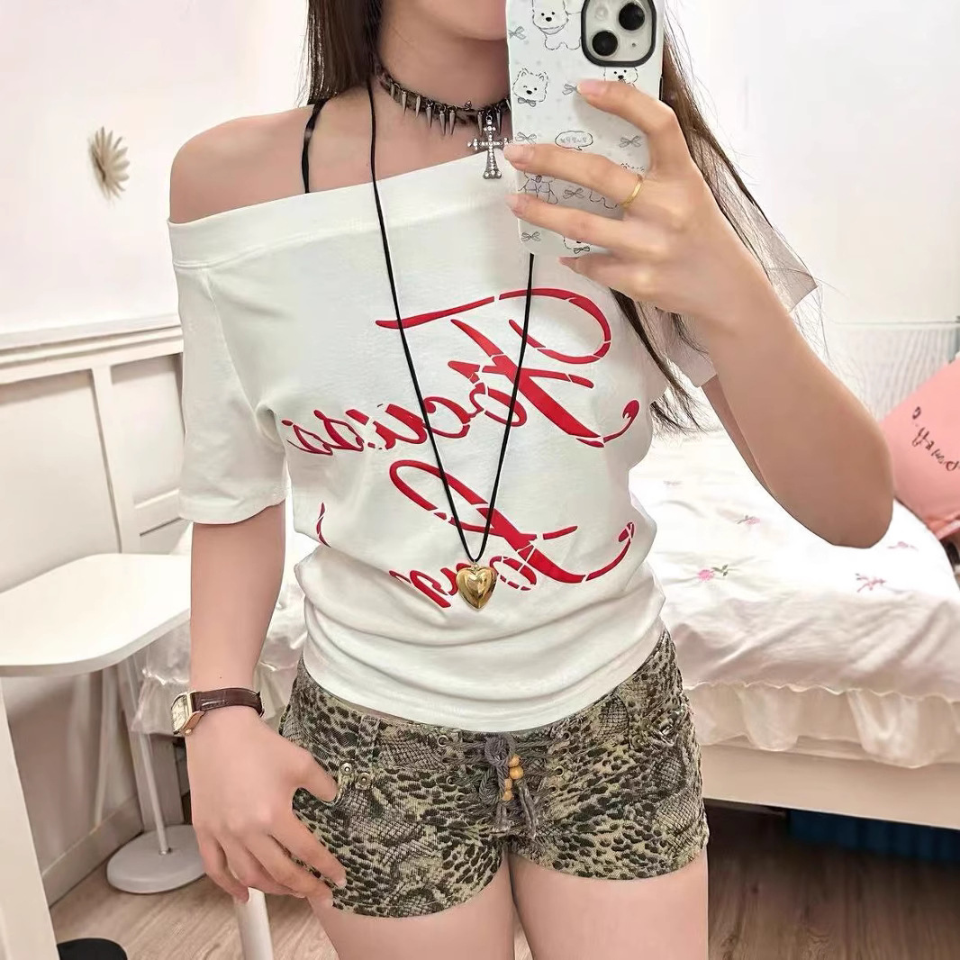 Summer New Fashion Letter Print Design Off-Shoulder Short-Sleeve T-Shirt Versatile Outerwear Trendy Top T-Shirt