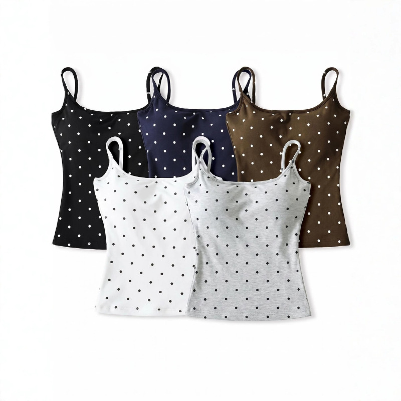 Large Polka Dot Camisole with Chest Pads for Women, Summer Slim-Fit Base Layer, Integrated Bra-Free Top with Beautiful Back Design Large Polka Dot Camisole with Chest Pads for Women, Summer Slim-Fit Base Layer, Integrated Bra-Free Top with Beautiful Back Design