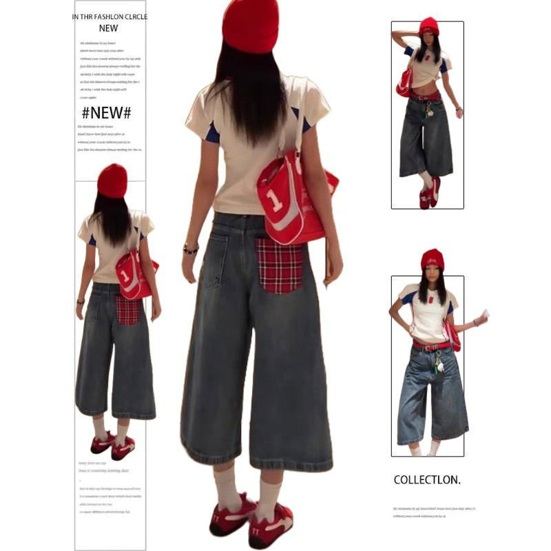 Plus Size High-Waisted Cropped Denim Shorts for Women, New Loose Wide-Leg American Style Slimming Patchwork Plaid Straight Mid-Length Pants