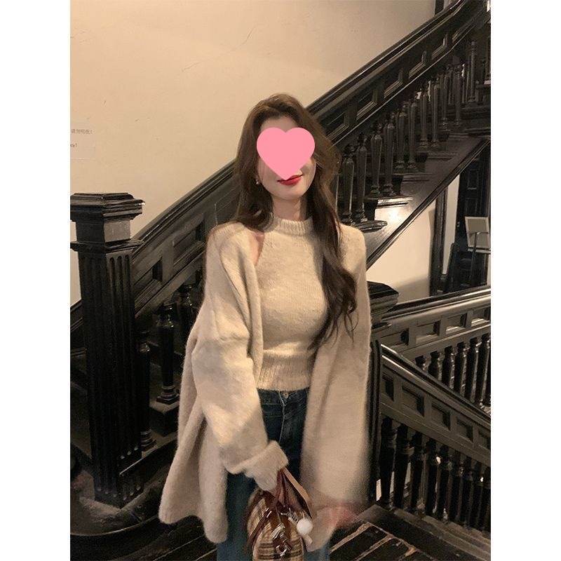 慵懒高级感秋季穿搭红色时尚套装女秋冬毛衣开衫外套背心两件套潮|undefined
