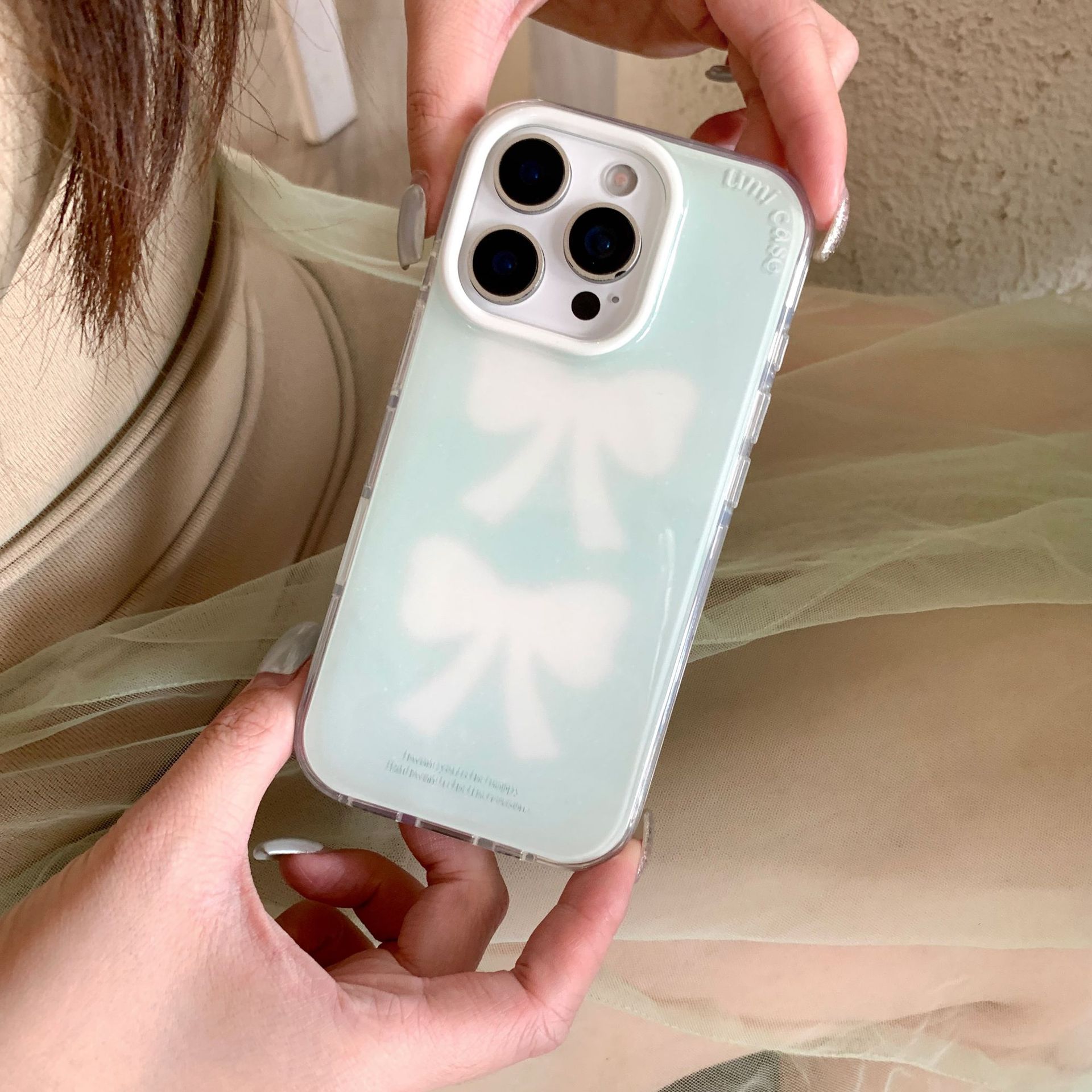 Simple verano verde bowknot para iPhone15/16 funda para teléfono móvil 14ProMax Pareja 16Pro Mujer 13