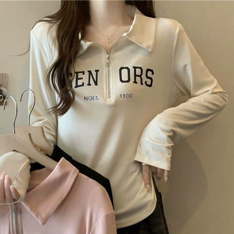 Body-friendly long-sleeve, plus size, polo collar, fitted