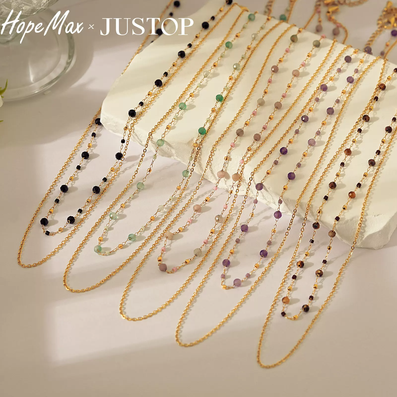 JUSTOP跨境串珠18K电镀不锈钢双层项链吊坠锁骨链ins个性饰品项饰