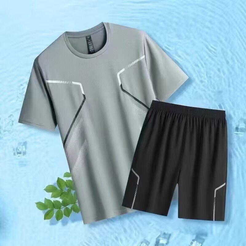 Ropa deportiva de verano baloncesto hielo camiseta de mangas cortas secas rápidas pantalones cortos de entrenamiento transfronterizos de entrenamiento físico hombre