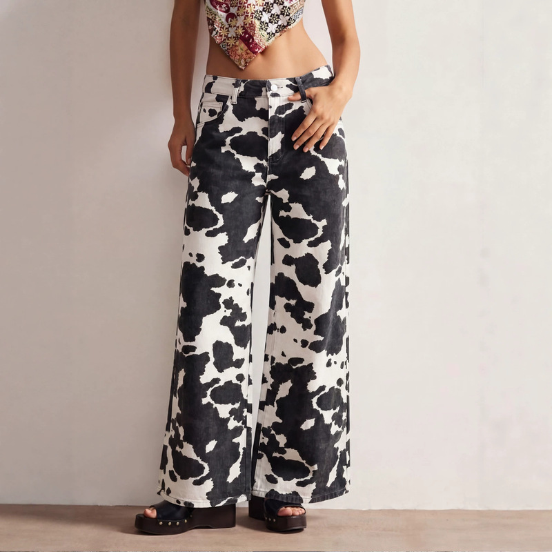 Women's Cow Print High-Waisted Wide-Leg Jeans - Trendy Animal Print Denim Pants Women's Cow Print High-Waisted Wide-Leg Jeans - Trendy Animal Print Denim Pants