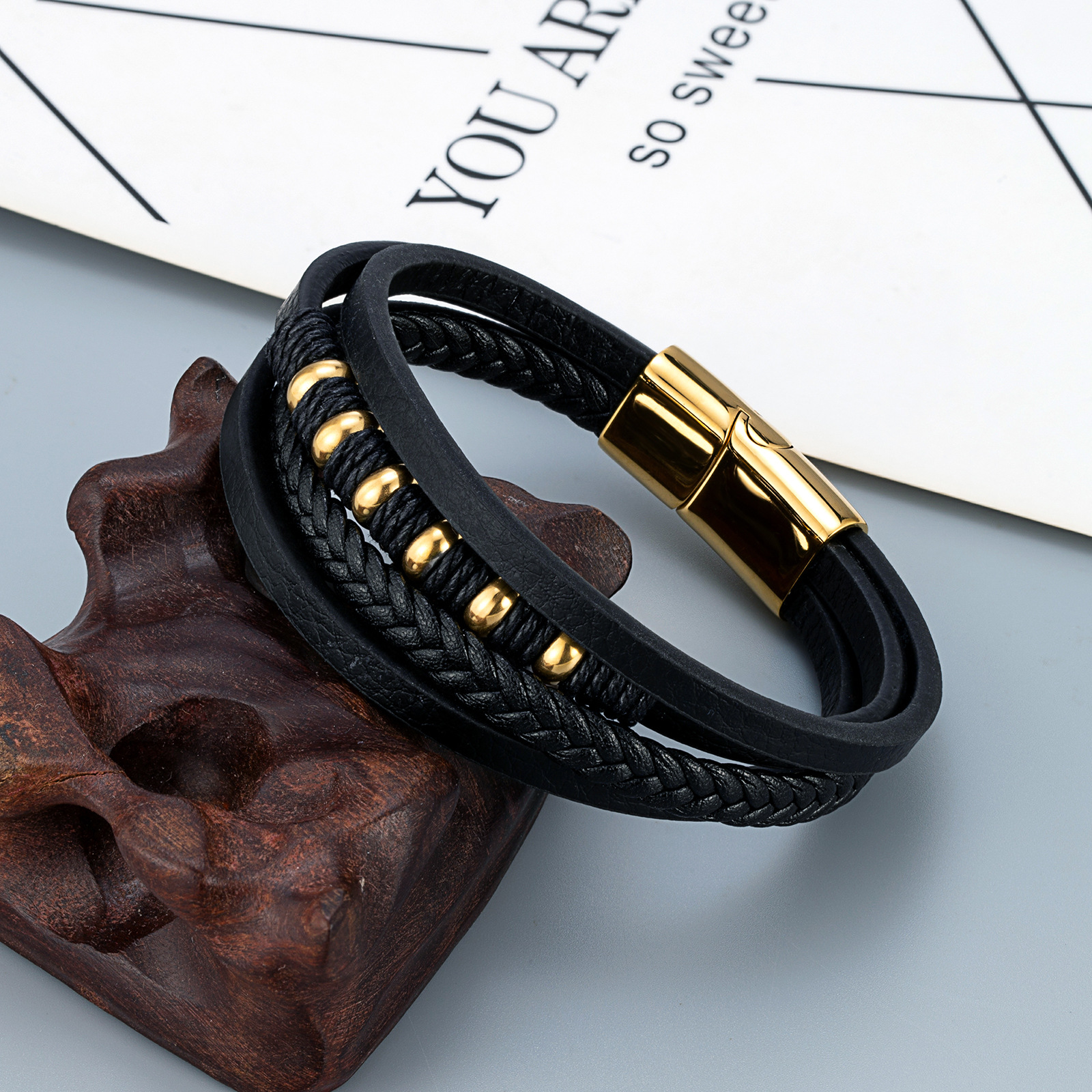 Men's Retro Punk Bracelets Geometric 316L Stainless Steel Leather Waterproof Non Tarnish Surgical Steel Men Cord & Leather Bracelets