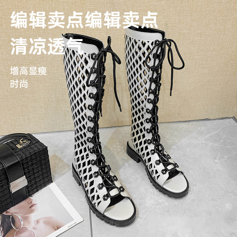Huidong Women's Shoes 2025 Summer New Sandals Women's Hollow Inner Heightening Croc Shoes Back Zipper Open Toe Lace Sandals