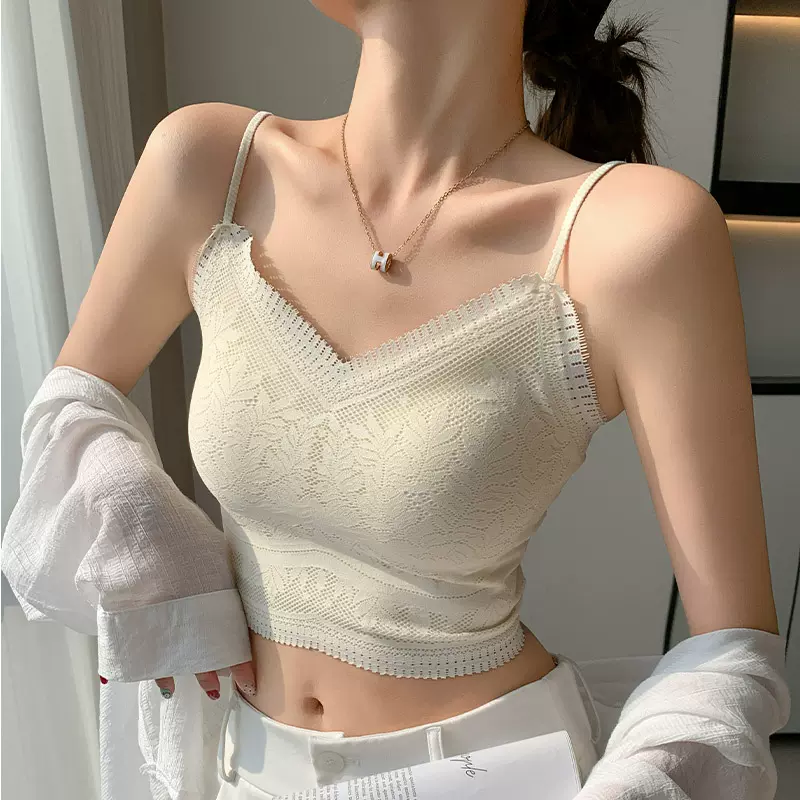 H876花边美背心无缝内搭蕾丝小吊带裹胸无痕内衣固定杯防走光文胸
