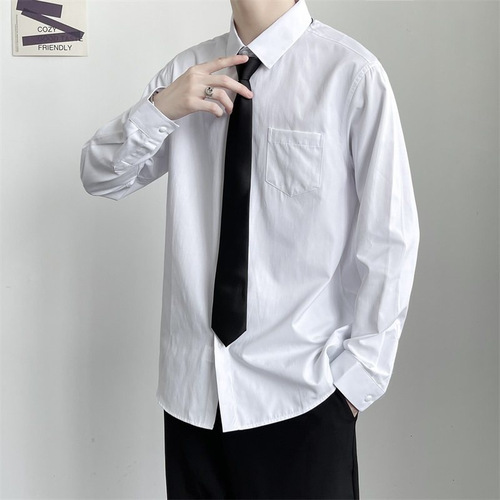 Spring and Autumn White Men's Loose Trendy Hong Kong Style Long-Sleeve Plain Color Shirt for Students Casual Slouchy Hoodlum Top